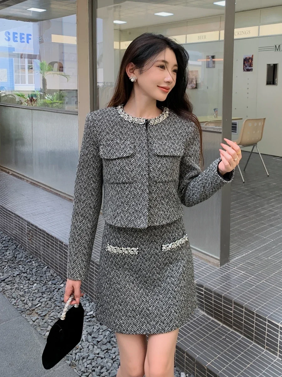 Office Ladies High-waisted Short Skirt Sets Autumn Clothes Gray Long-sleeved Tweed Coat 2 Piece Sets Womens Outfits Elegant