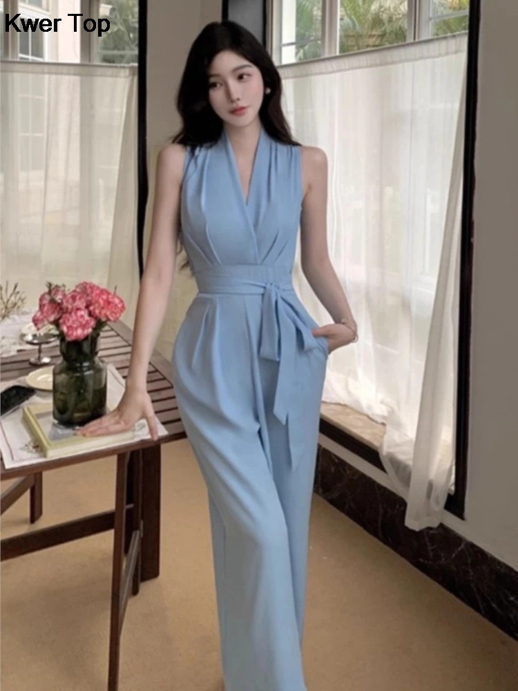 Elegant Women\'s V Neck Wide Leg Jumpsuit Office Lady Fashion Vintage Off Shoulder Bandage Rompers Summer Casual Slim Outfits