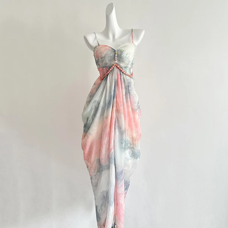 Women's Maxi Dress Ditsy Floral Smocked Summer Sundress Sleeveless Spaghetti Straps Long Beach Formal Dress Printed Flower Dress