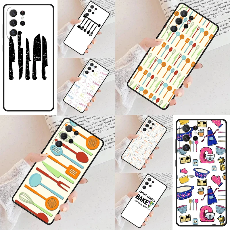 Kitchen Utensil Colored Silhouettes Phone Case For Samsung Galaxy S24 S23 S22 S21 Ultra S10 Note 10 Pro S20 Plus FE S9 S8 Cover