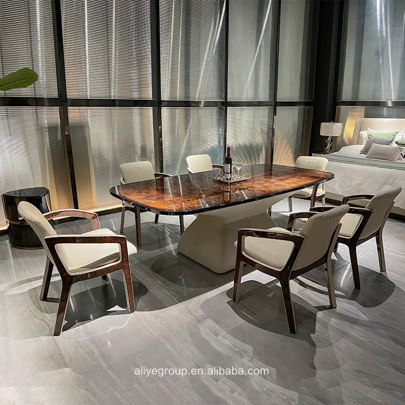 Luxury Homey High Quality Dining Room Furniture Modern Design Marble Top Dining Table With Leather Dining Chairs