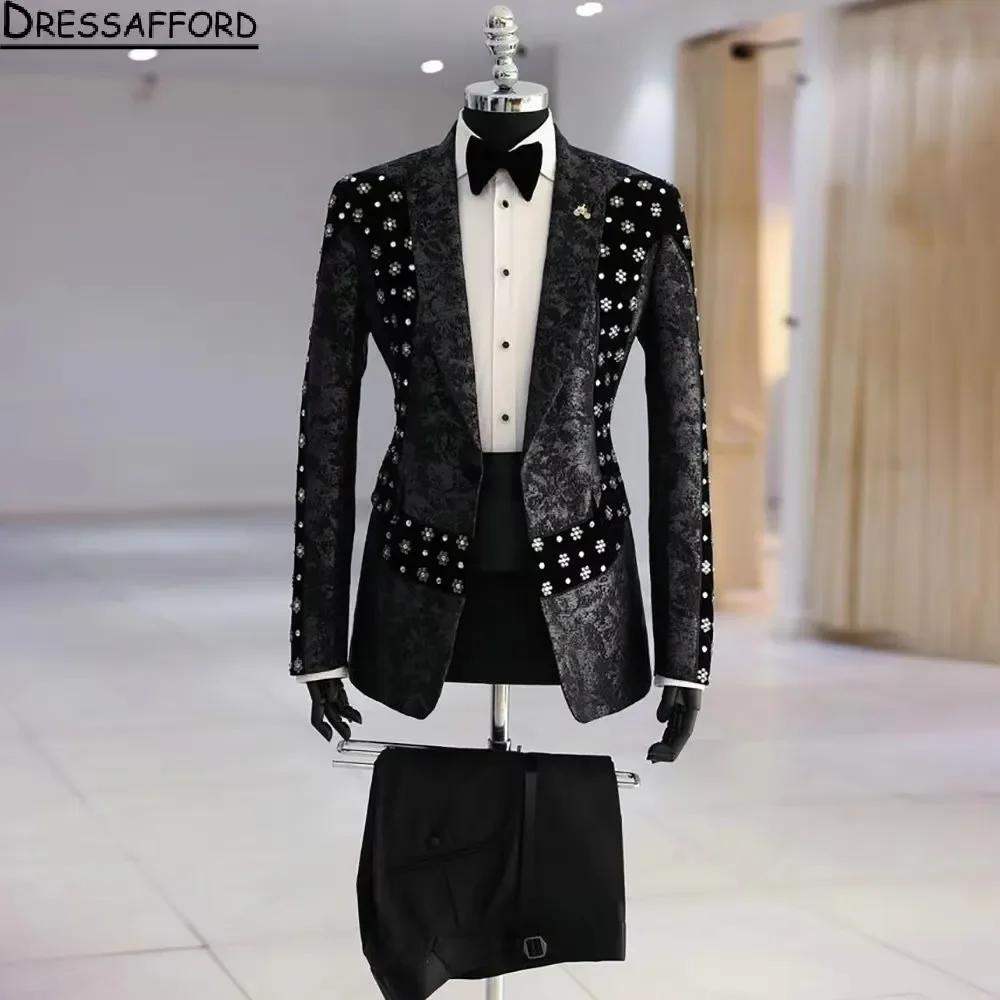 Black Jacquard Weave Men Suits Crystal Groom Wedding Tuxedos 2 Pieces Sets Dinner Prom Blazers Terno Masculino Completo