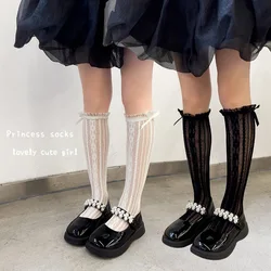 Girls Socks Pearl Big Bowknot Sweet Princess Calf Sock Kids Baby Knee High Mesh Stocking Combed Cotton Socks for Children Adult