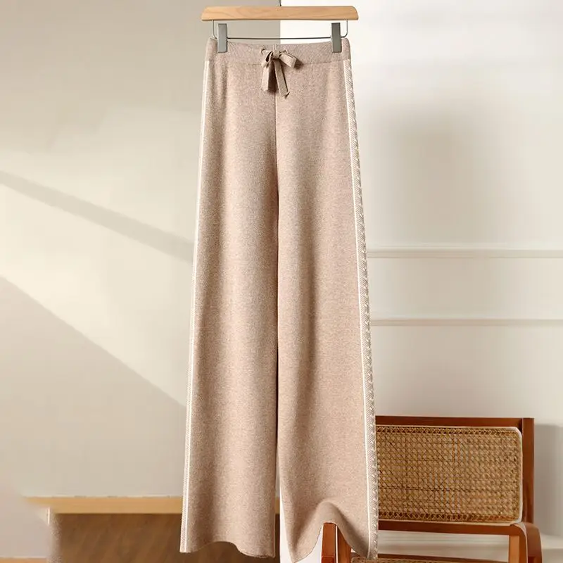 

Color-blocked Knitted High-waisted Loose Casual Slim Straight Floor-length Mopping Autumn and Winter Wide-leg Pants Thickened