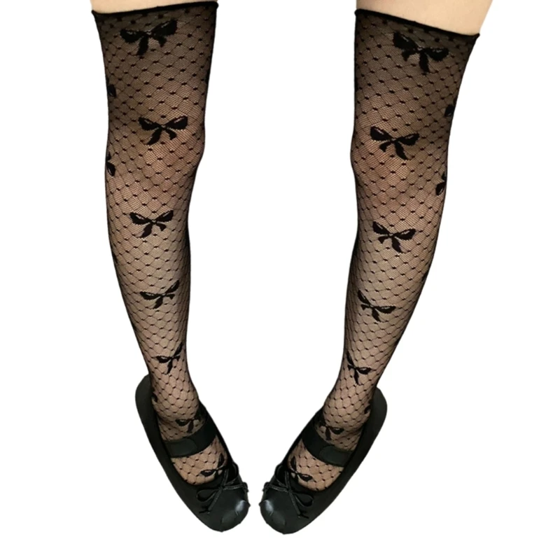 

Women Sheer Lace Thigh Highs Stockings Japanese Style Sweet Bows Heart Patterned See Through Mesh Solid Over Knee Long Socks