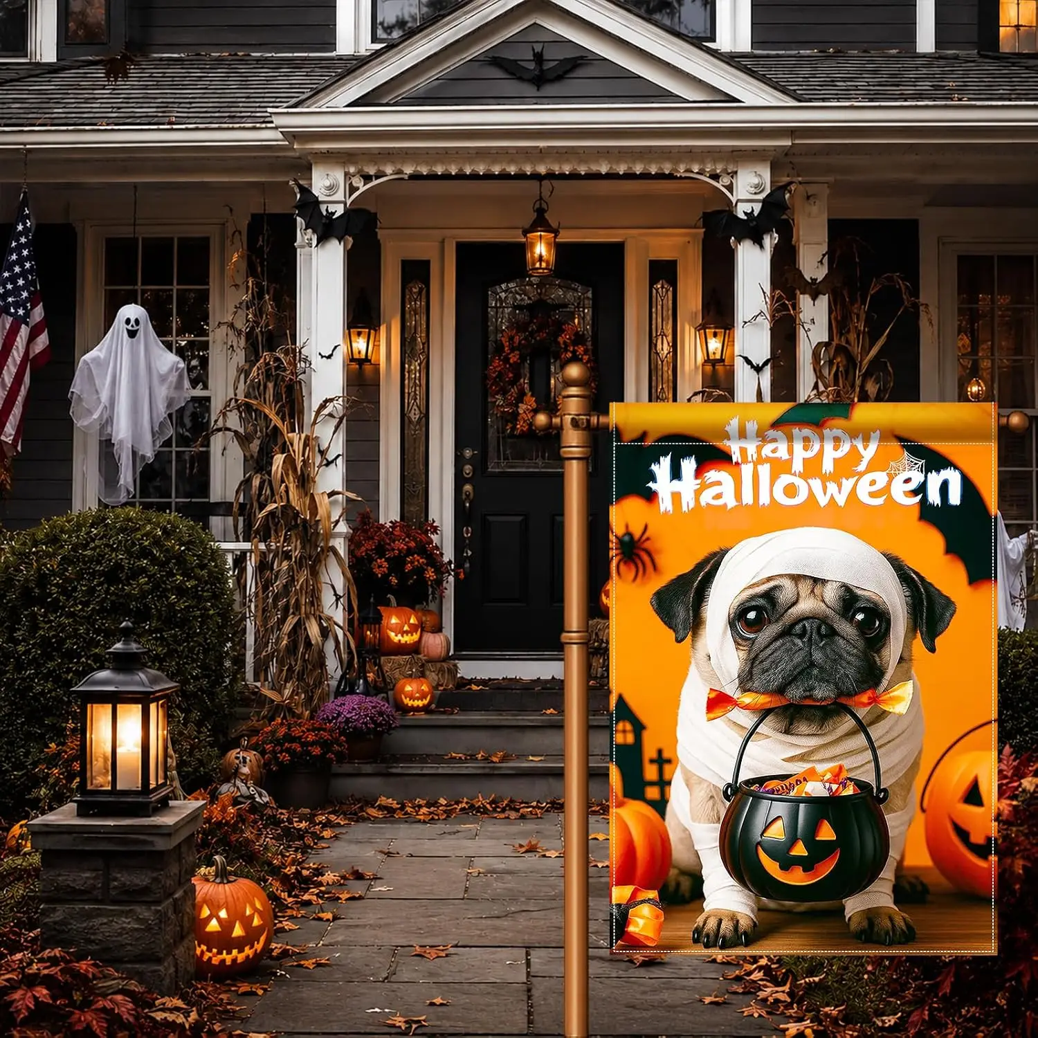 Happy Halloween Garden Flag 28 x 40 Inch Double Sided Dog Pug Yard Flag yyi