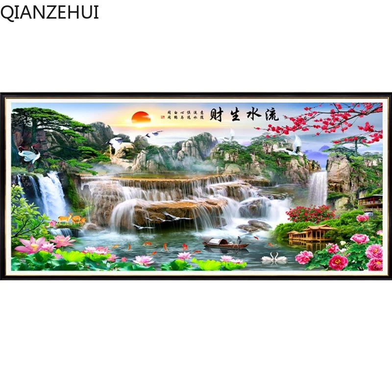 DIY full Diamond Embroidery,Round Diamond Fortune Flowing Water Landscape Living room decoration rhinestone Diamond painting