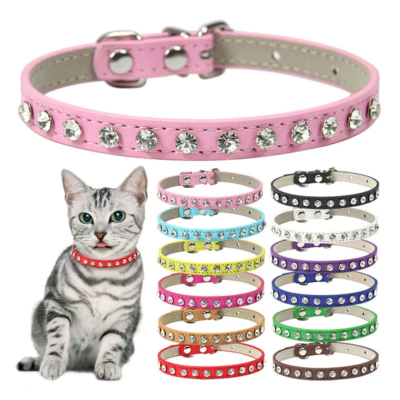 Leather Small Dog Collars Luxury Rhinestone Rivets Cat Collar Puppy Neck Strap for Kitten Pet Accessories Wholesale Dropshipping