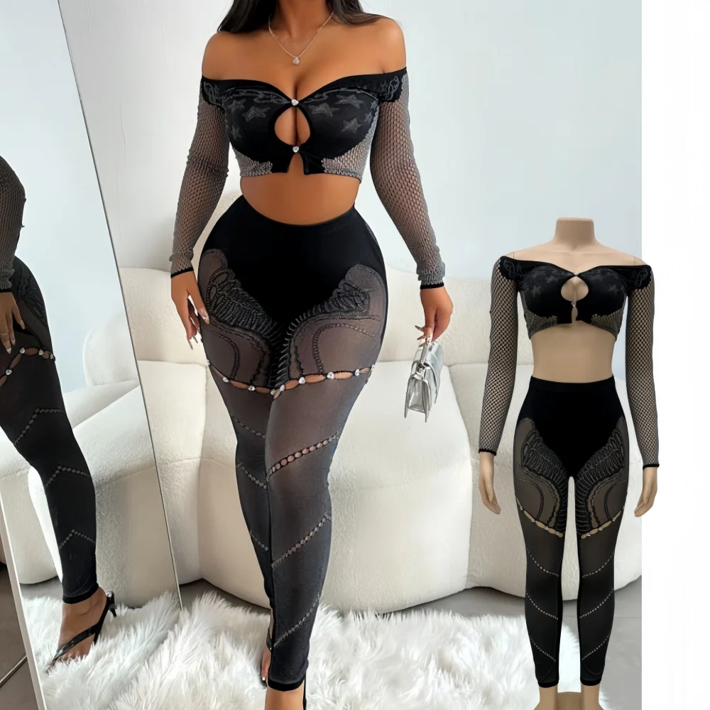

FLARORA Sexy Hollow Rhinestones Two Piece Sets Woman Off Shoulder Long Sleeve Crop Tops And Pants Female Elastic Lace Outfits