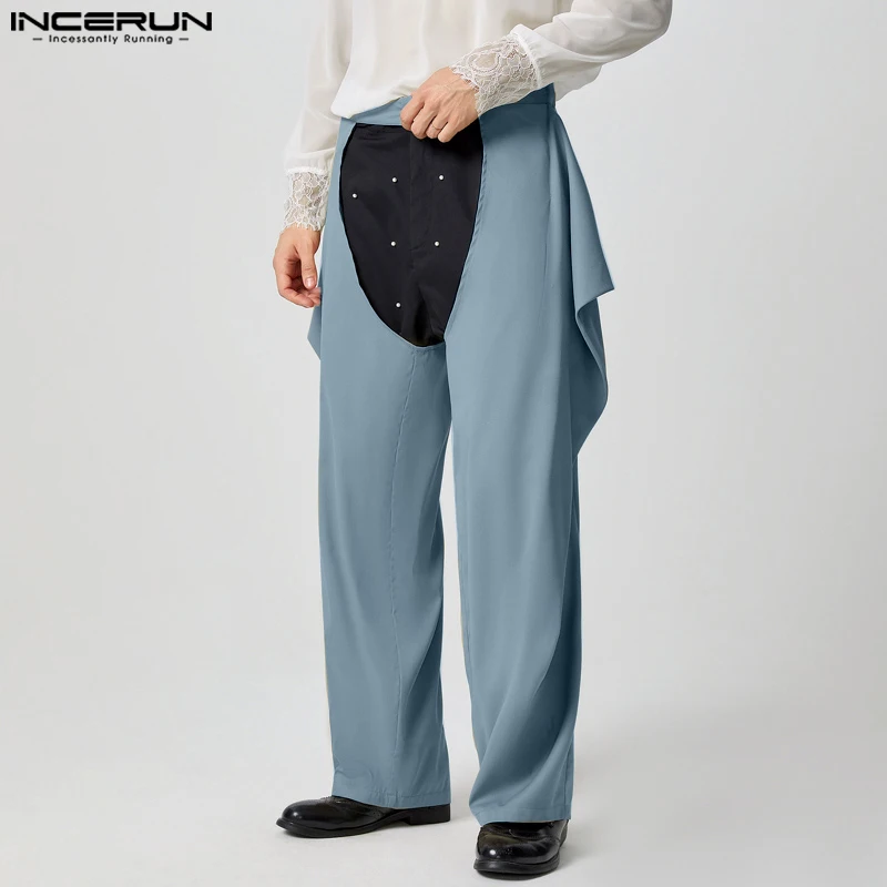 

INCERUN мужские однотонные свободные длинные брюки 2025 повседневные простые широкие брюки с пуговицами, мужские красивые мужские брюки