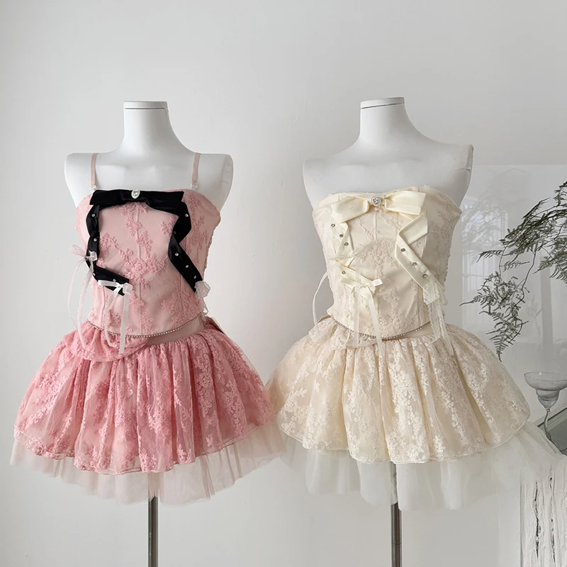 

Girl Sweet Pink Skirts Suits Two-piece Lace Embroidered Cropped Tops Elastic High Waist Skirt Sets Female Fishbone Skirt Sets