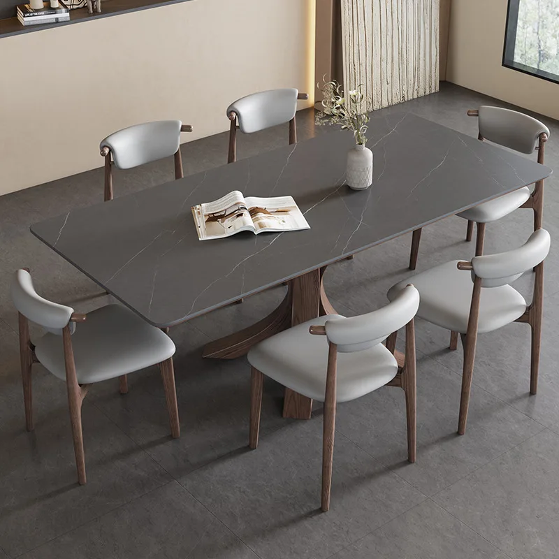 

Nordic solid wood bright matte rock slab dining table modern simple household small apartment light