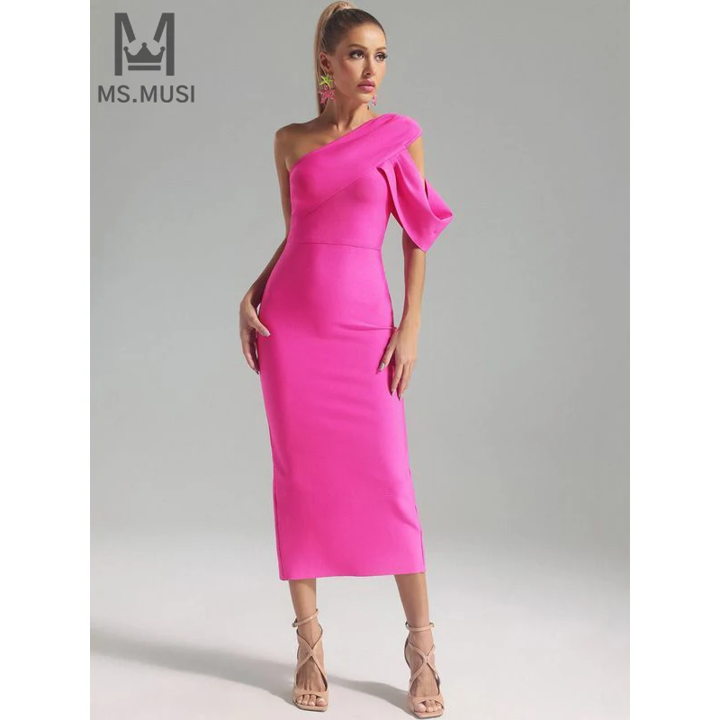 

MSMUSI 2024 New Fashion Women Sexy Solid One Shoulder Draped Fold Short Sleeve Bodycon Bandage Party Club Event Slim Midi Dress