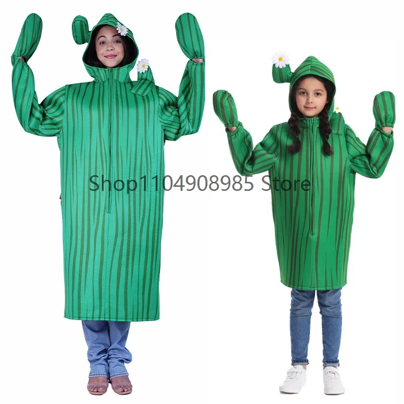Green Cactus Cosplay Costume Hooded Long Coat Cartoon Plant Costume For Adult Halloween Stage Performance Party Dress