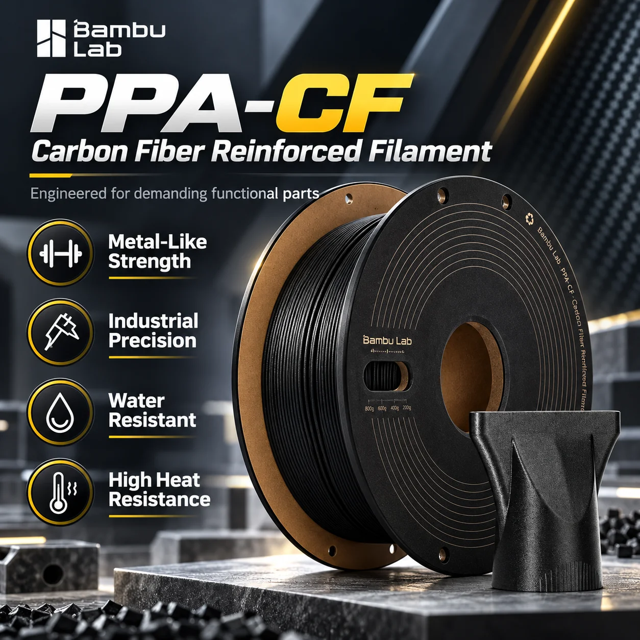 Bambu Lab PPA-CF Carbon Fiber Reinforced Filament 1.75mm 0.75kg High Heat Water Resistant for X1C X1E P1S