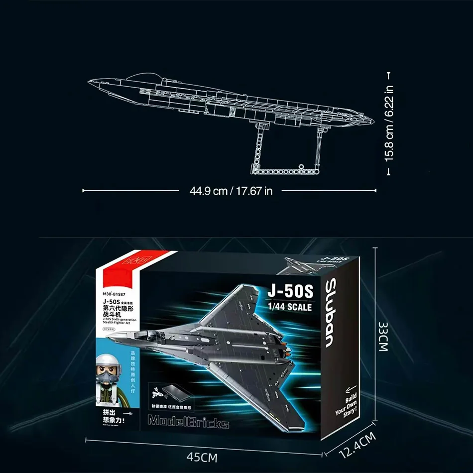 J-50S 6세대 스텔스 전투기 블록 1/44 스케일 DIY 조립 교육용 모델 브릭 키트 장난감 어린이 소년 최고의 선물