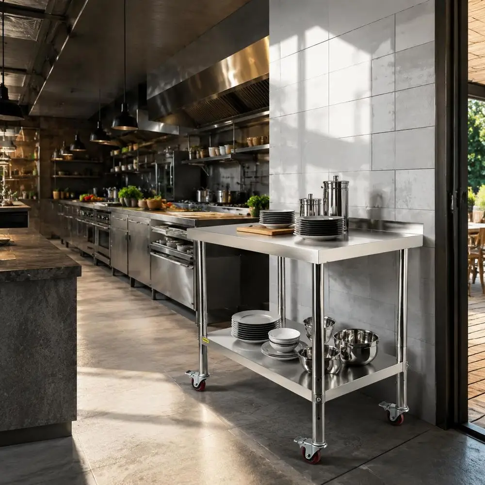 Table de travail en acier inoxydable 36 x 24 x 35 pouces (cm) avec étagère réglable en hauteur 110 x 200 cm, table de préparation de cuisine robuste avec 4 roulettes universelles et rebord, forte capacité de charge, montage facile