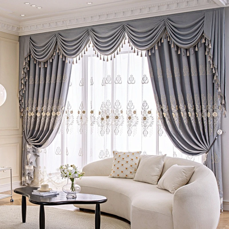 Cortinas de Lujo con Bordado Chenille Europeo en Gris para Sala de Estar, Cortinas Opacas para Dormitorio, Decoración de Ventanas con Relieve, Tul Blanco