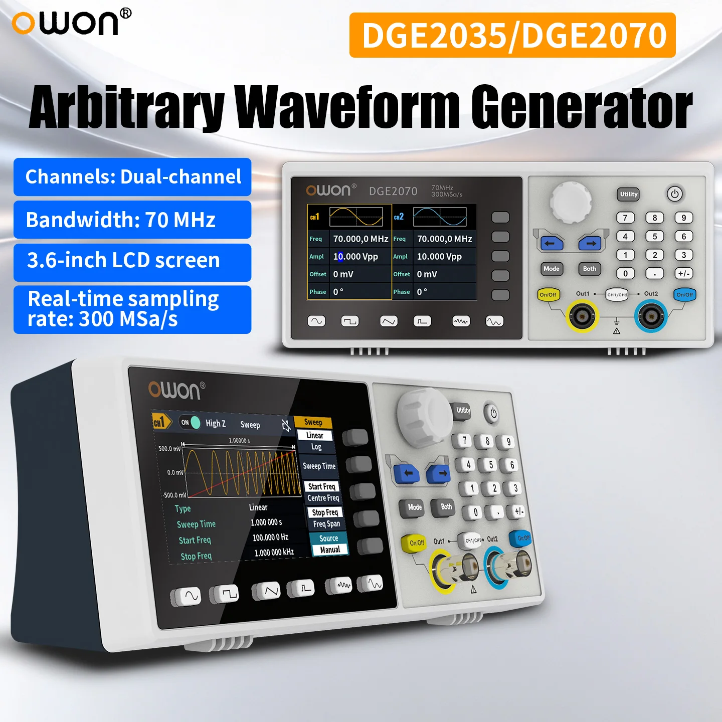 OWON DGE2035 Arbitrary Waveform Generator 35MHz Dual Channel 125MSa/s 14bit Signal Generator 3.6 Inch TFT Screen USB Interface