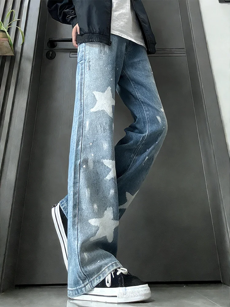 

Мужские джинсы с принтом «звезды», прямые, с легким расклешением, повседневные, из смесового хлопка и полиэстера, износостойкие