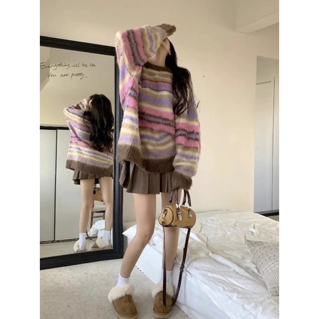 Women Sweaters Colorful Baggy Slouchy American Style Daily Warm Spicy Girls Temperament All-match Stretchy Blocking Pullover Top