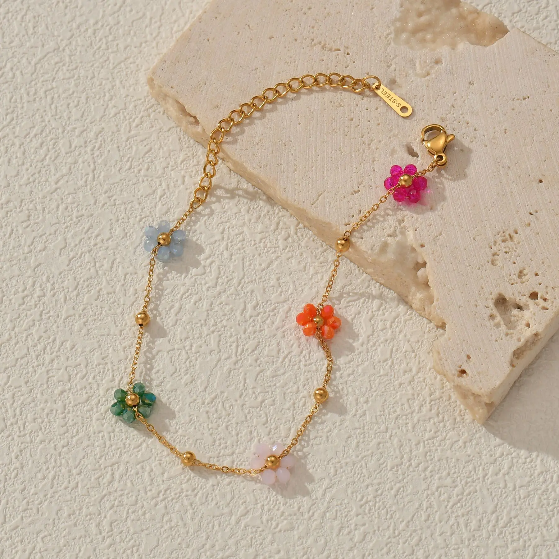 Freeteeme Fashion Colorful Flower Bracelet for Women Girls Stainless Steel Jewelry Gold Color Beads Chain Valentine\'s Day Gift