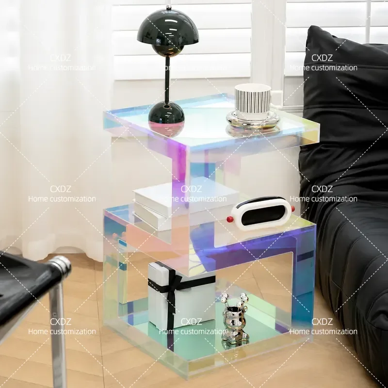 Modern Acrylic Side Table Transparent Colorful Nightstand Light Luxury Small Coffee Table for Living Room Bedroom Corner