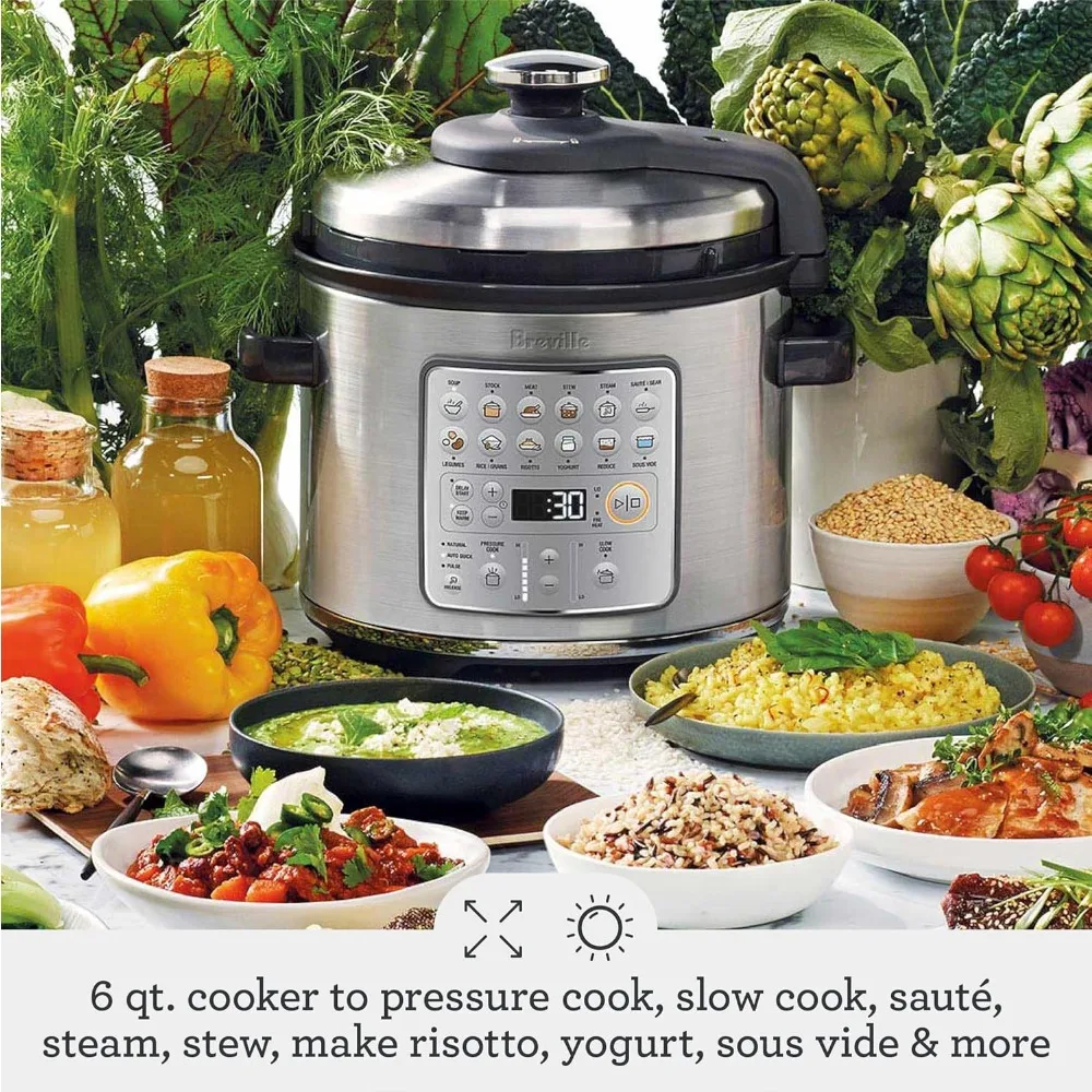 1100W Slow Cooker, 6 Quarts Multi Cooker，Pressure Safety Valve， Brushed Stainless Steel