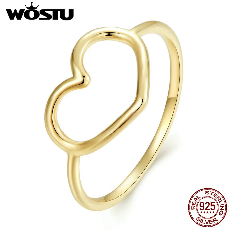 WOSTU 18K Gold 925 Sterling Silver Simple Minimalist Heart Finger Rings for Women Wedding Party Statement Valentine's Gift Ring