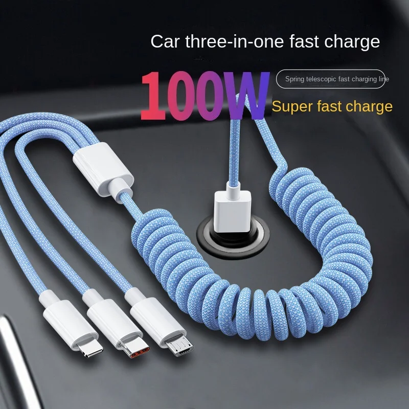 100W 3 In 1 Fast Charging Cable For Xiaomi iPhone Poco Micro USB Type C Charger Cable Cord Multiple Spring Usb C Charging Wire