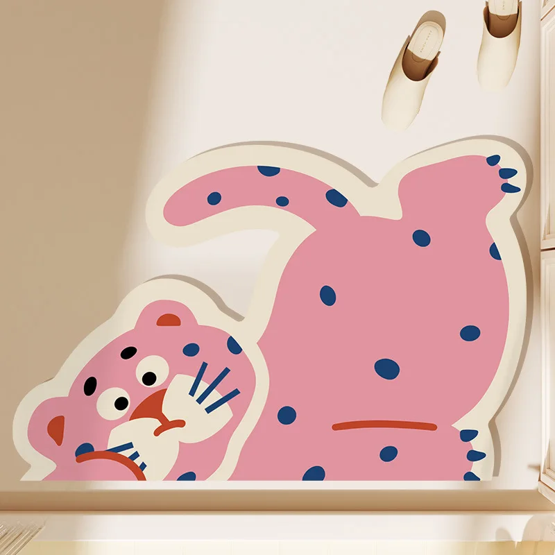Irregular Pink Leopard Floor Mat With Heart‑shaped Sunglasses Cute Polka‑dot Non‑slip Doormat Entrance Bedroom Aesthetic Decor R