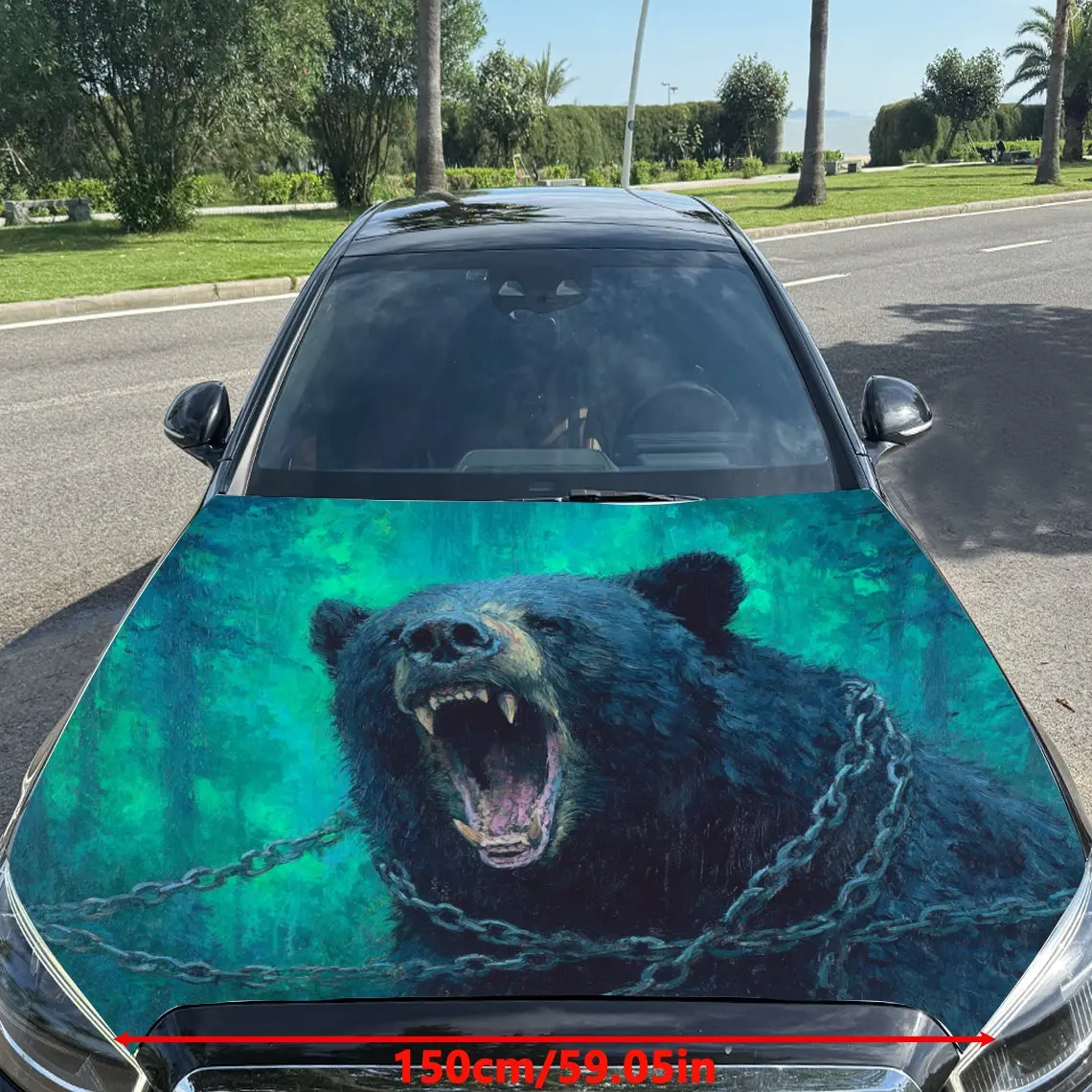 Car Decals Roaring Bear in Chains with Dynamic Teal Background Car Hood Sticker, Waterproof Self - Adhesive Vinyl Graphics Decal