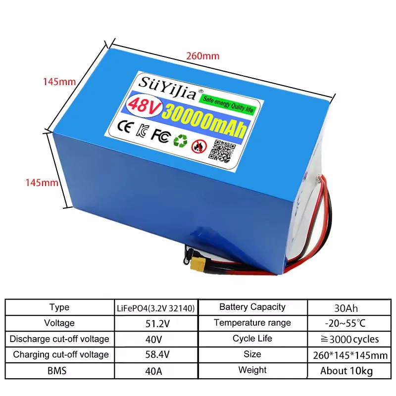 48V 30Ah 16S2P LiFePo4 Battery Pack 32140 Built in BMS 0-2000W Motor High Power Lithium Iron Phosphate Battery