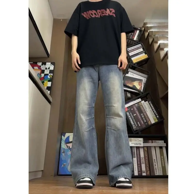 

Мужские джинсы Waed: Складчатые, с широкими штанинами, прямого кроя, в американском ретро-стиле, из хлопка и полиэстера, молодежные, трендовые...