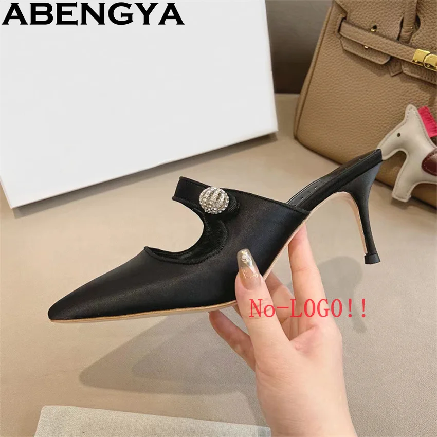 

ABENGYA Classics Satin Pointy Toe Mid Heels Slippers Women Multicolour Fashion Mules Slippers Summer Sexy Dress Party Shoes