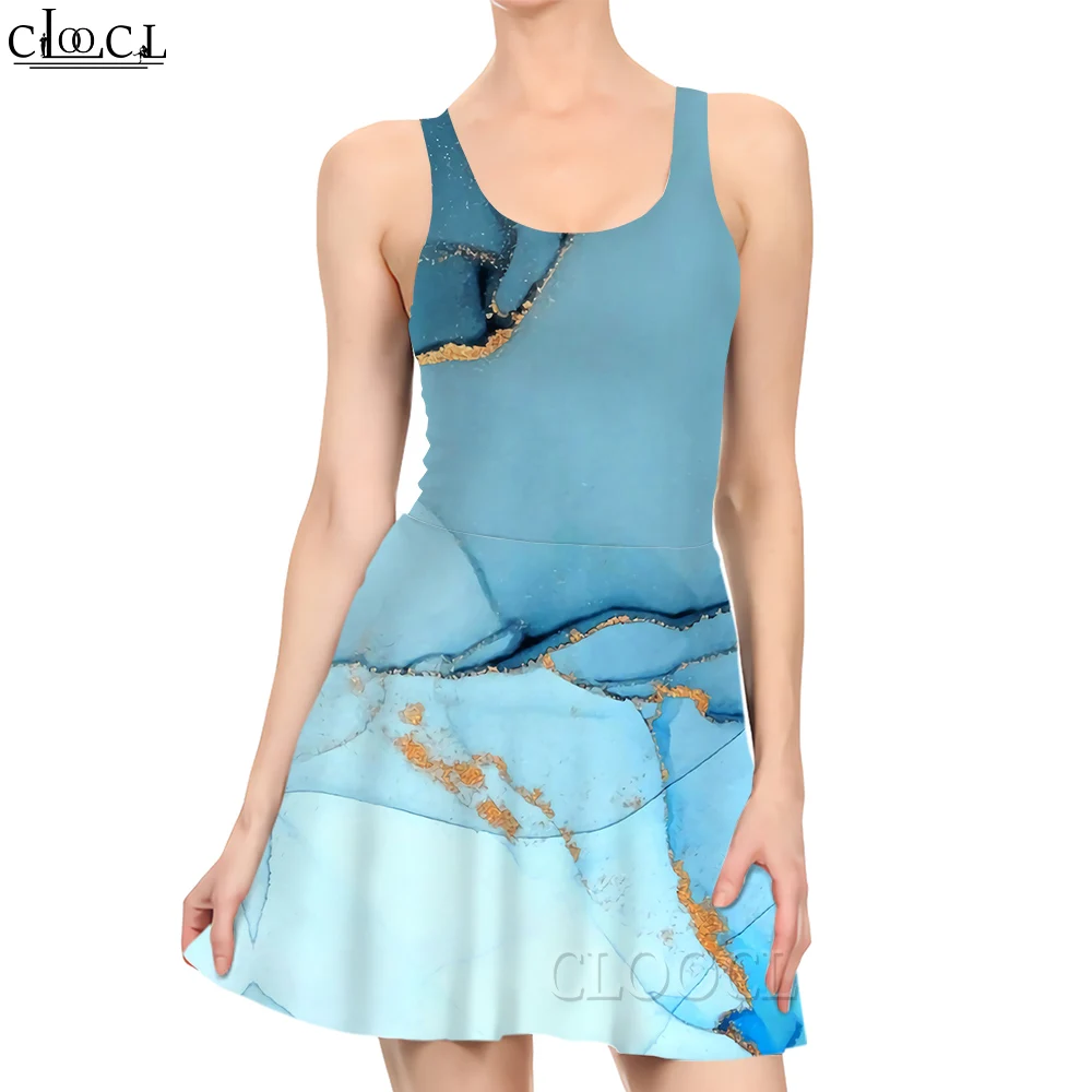 

CLOOCL New Fashion Women Mini Dress Retro Blue Pattern 3D Printing for Summer Female Sleeveless Short Dresses Casual Style