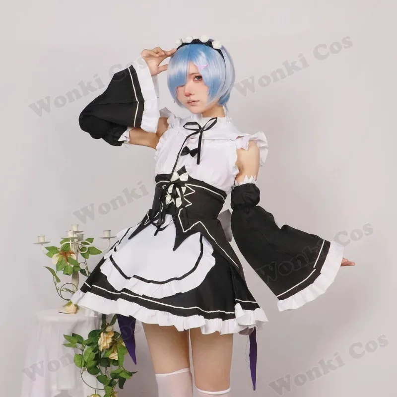

aaa12 3Ram Rem Re Zero Re Life Different World Cosplay Costume Maid Servant Dress Twins Wigs Full Set for Role Play