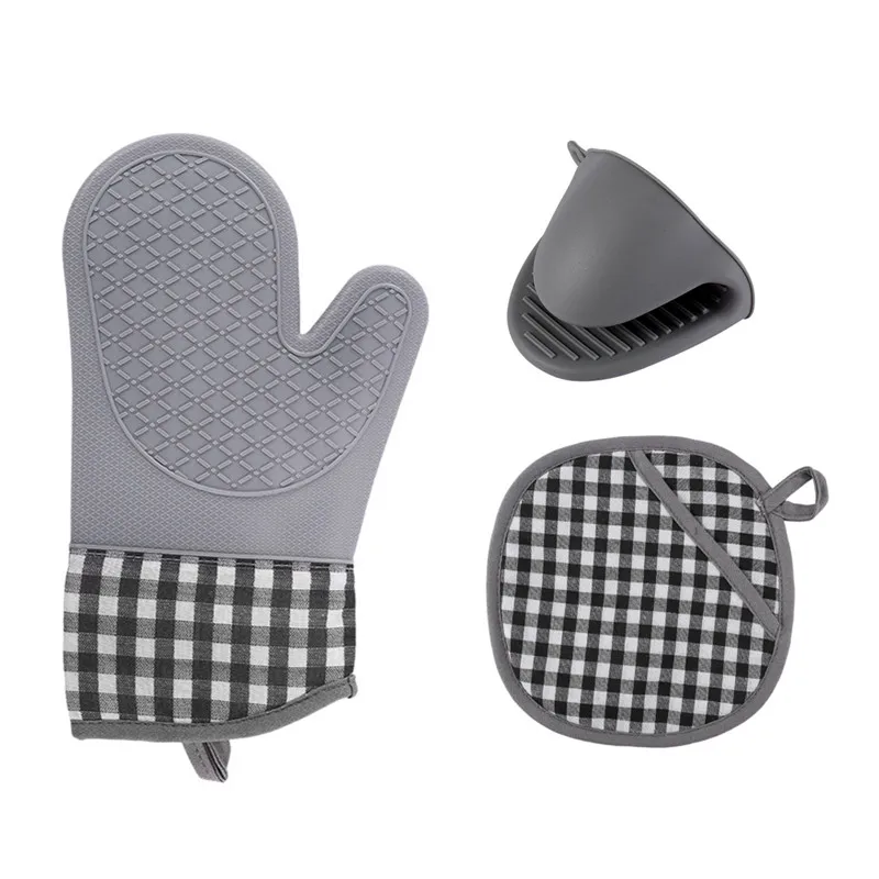 Silicone Heat-Resistant Gloves and Pad Anti-scalding Gloves with Hand Clamp Non-slip Gloves Kitchen Oven Microwave Cooking Tools