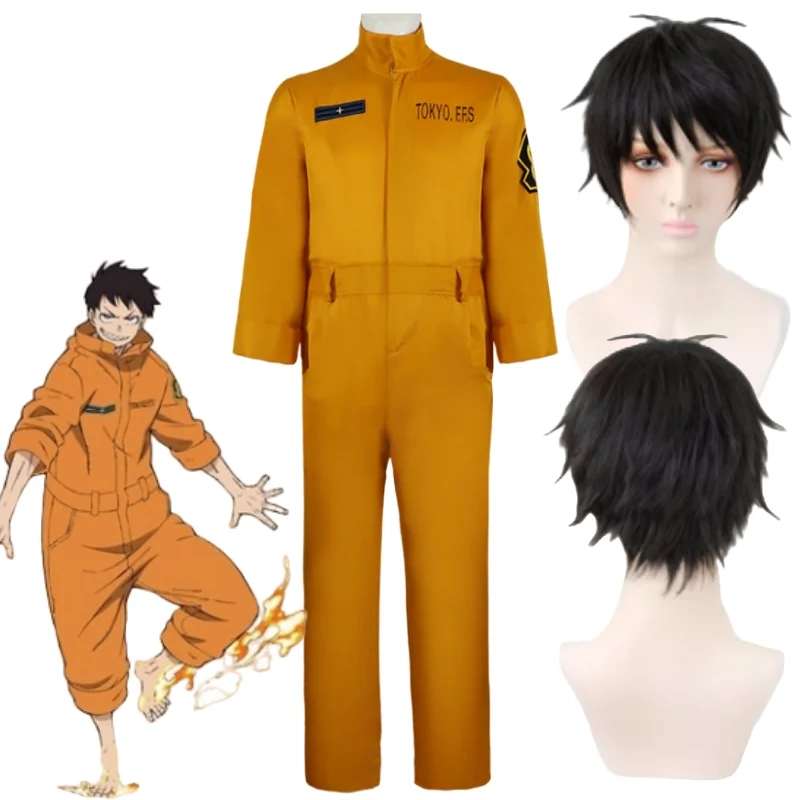 Anime Fire Force Shinra Kusakabe Cosplay Costume Enn Enn No Shouboutai Wig with Conjoined Clothing Uniform Halloween Party COS