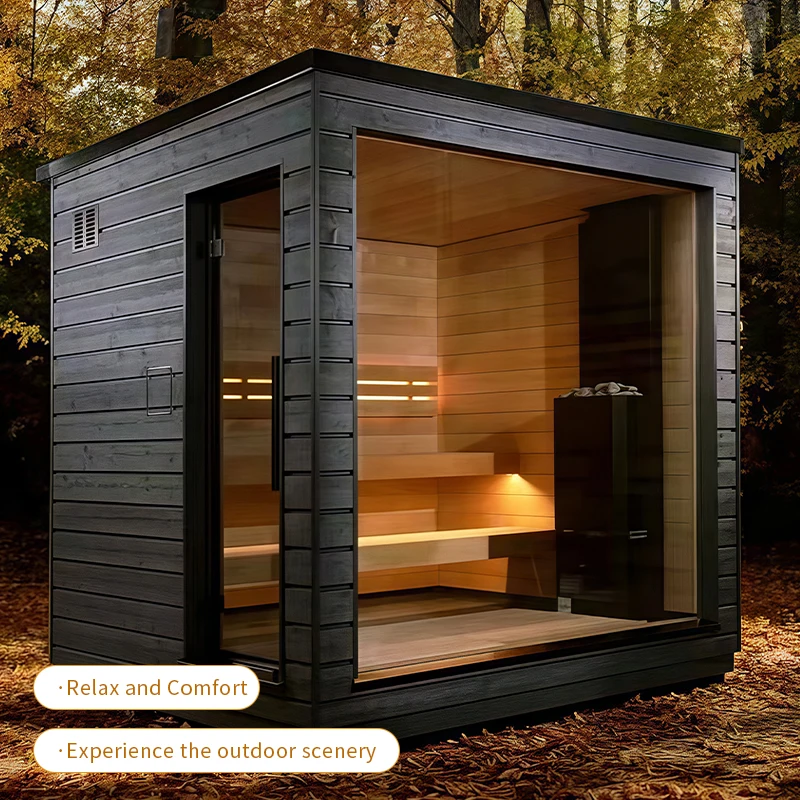 Large Granular Wood Far Infrared Sauna Cold Bath Combo With Water Tank Stove For Home Therapy Spa
