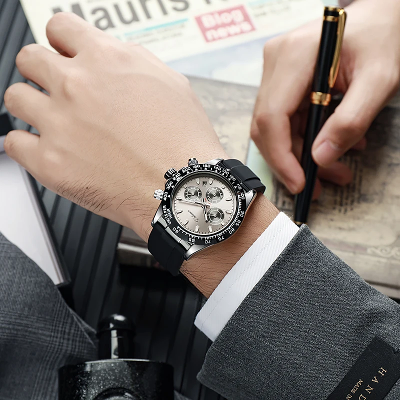 Sport Men Automatic Wristwatch Meteorite Dial Triple Sub‑Dials Rubber Strap Business Casual Watch