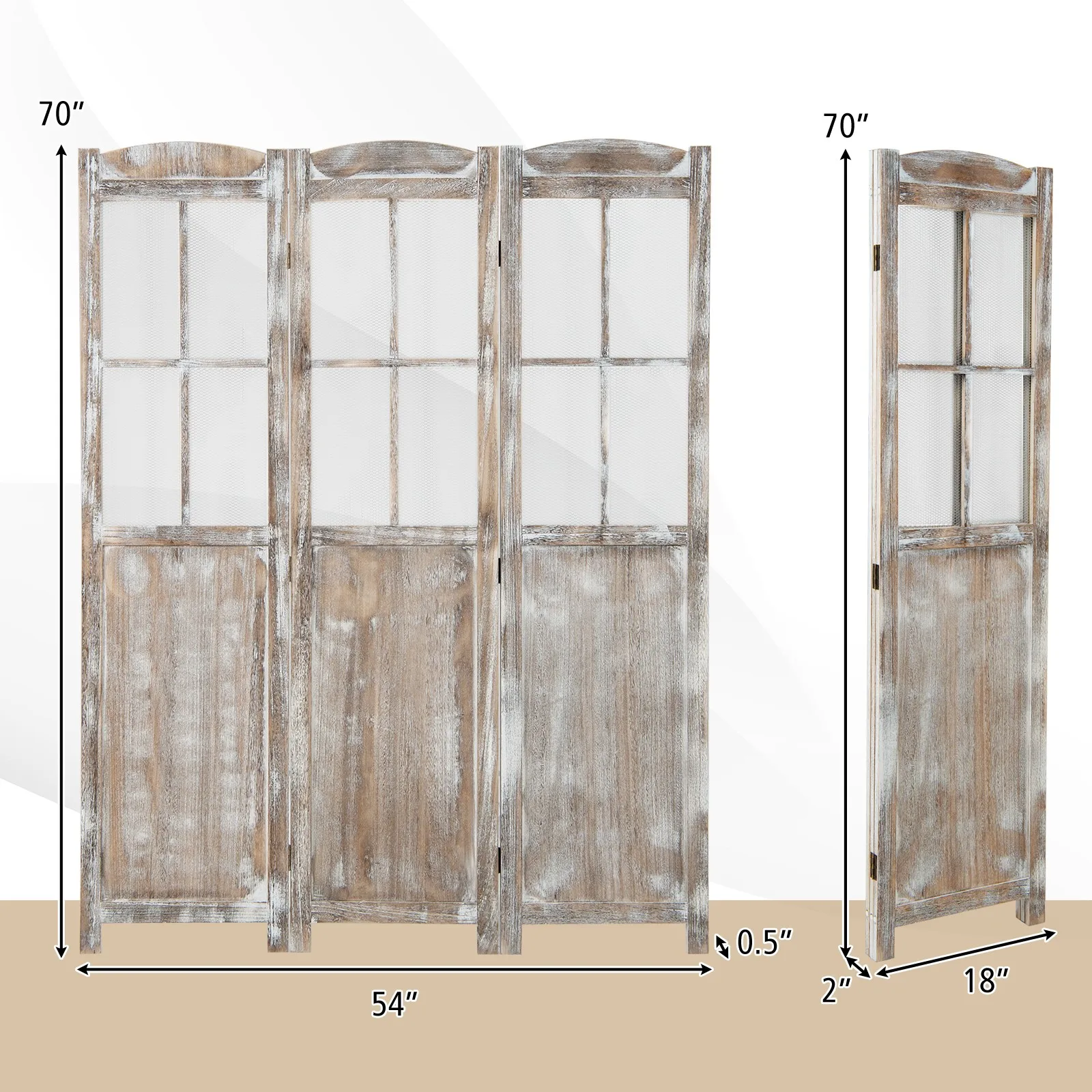 3-Panel Folding Room Divider Natural Rustic Paulownia Wood Frame Divider Screen