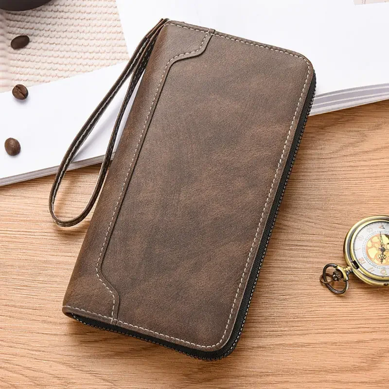 Men's Long Zipper Wallet, Multi Slot Wallet, Simple Leather Splicing, Large Capacity Hand-Held Bag
