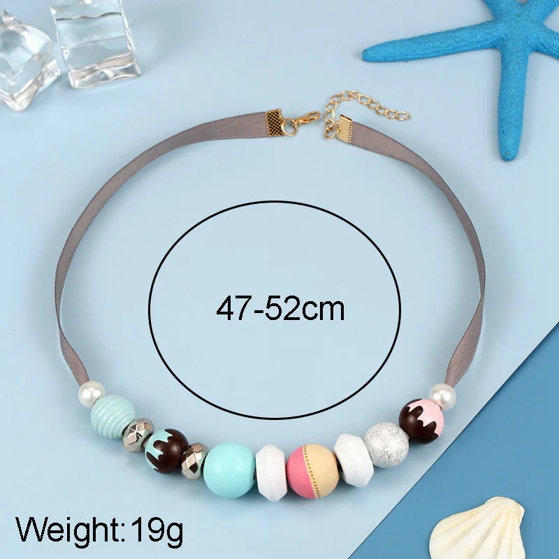 Handmade Necklace with Macaron Colors Wooden Bead  Pendant and Satin Ribbon Chain for Women Jewelry