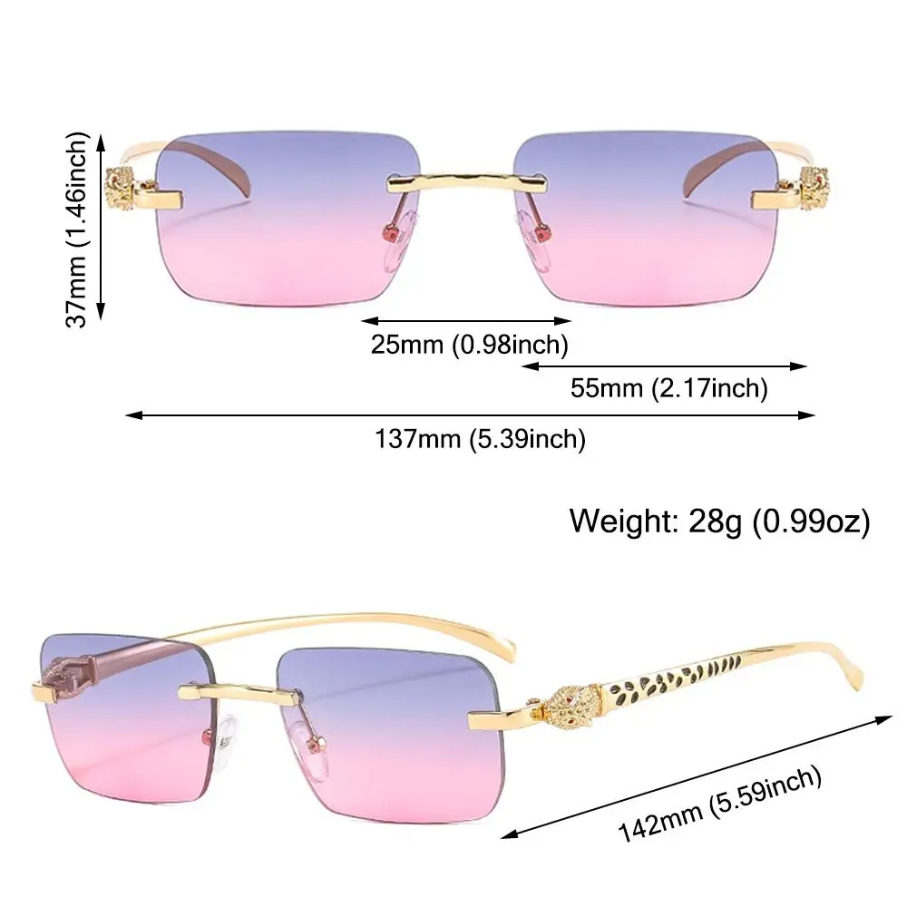 Lunettes de soleil rectangulaires sans monture pour femmes, lunettes de soleil décorées tête de léopard, protection UV dégradée, nuances de lentilles transparentes