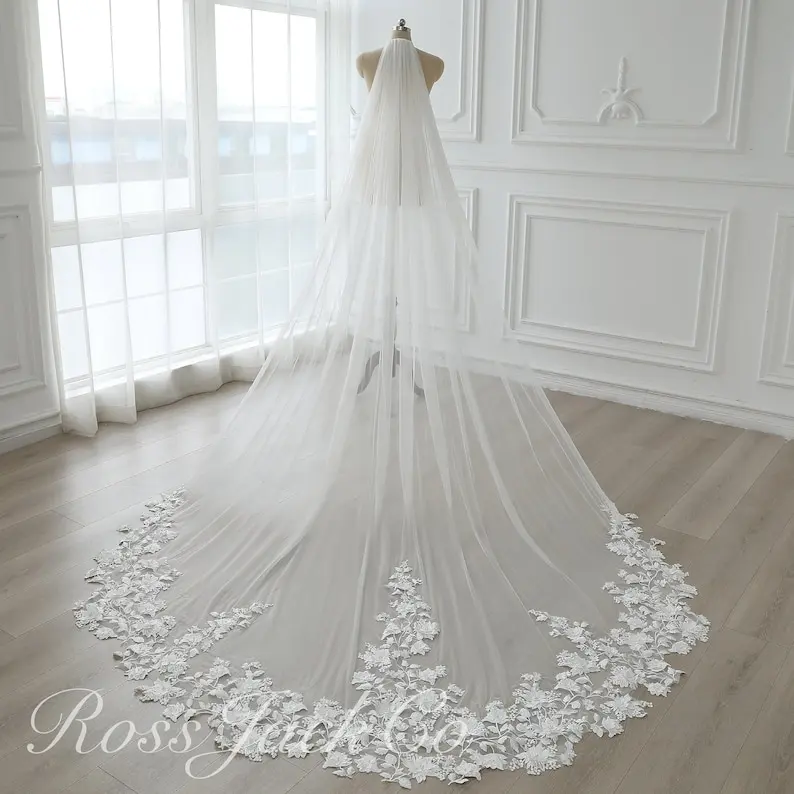 Fairy Bridal Veil with 3D Flowers and Pearls Handmade Flowers Lace Tulle Custom Veil 1 Tier Chapel/Cathedral Bridal Wedding Veil