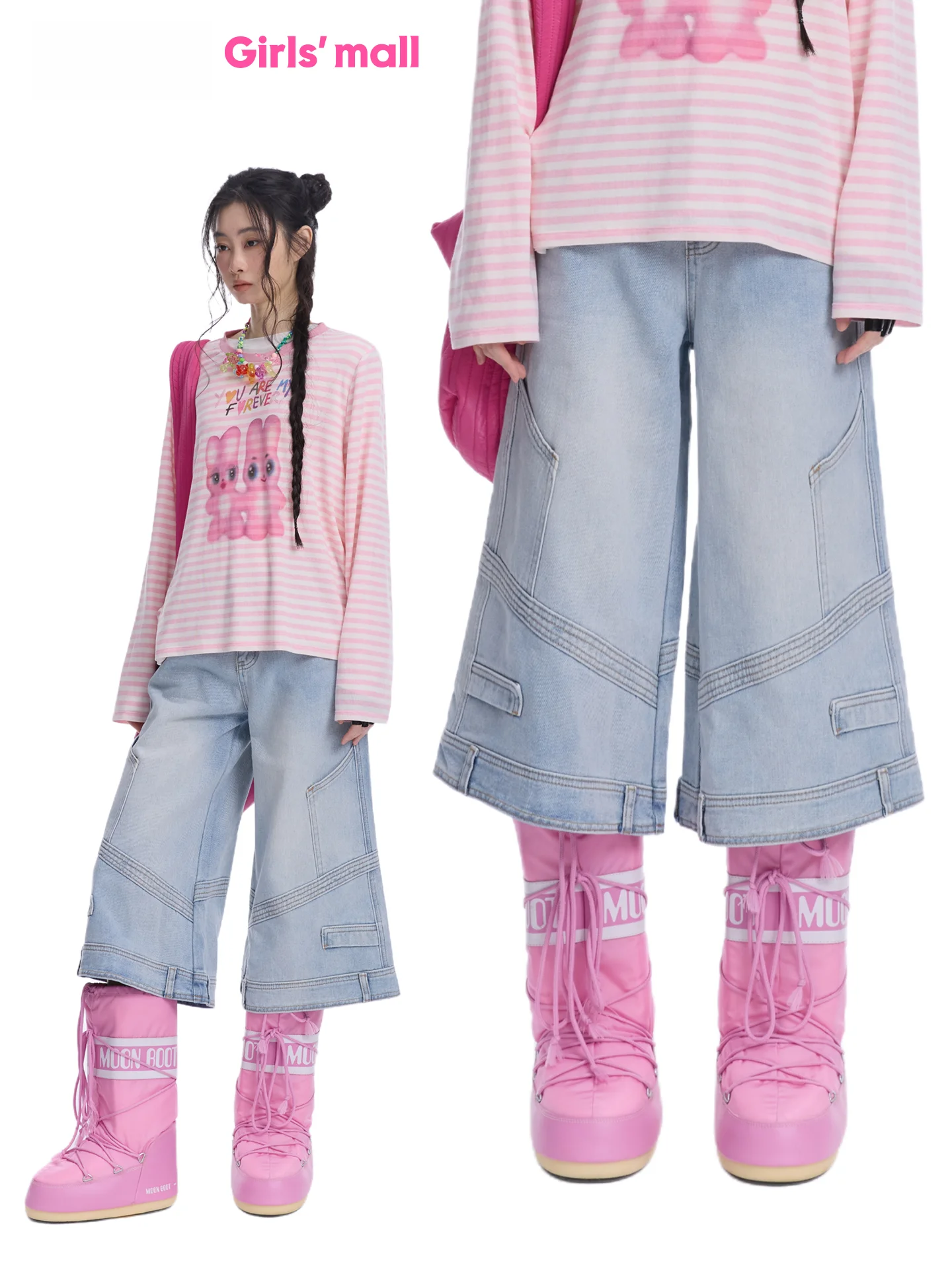 Light Blue Washed Fake Waist Jeans Shorts Women's Casual Straight Leg Jeans Mid-Rise Zipper Fly Autumn Season Youth Jeans