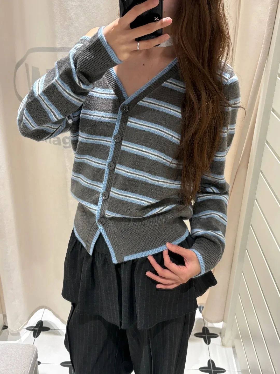 Striped Off-the-shoulder Knitted Cardigan Women Spring Streetwear Sexy Button Sweater Coat Simple Sweet Preppy Style Sweaters view 5