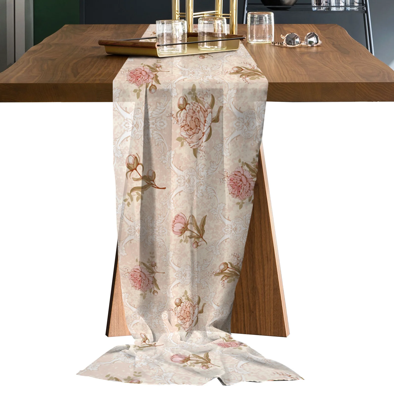 Dahlia Flower Leaves Retro Tulle Chiffon Table Runner Wedding Decoration Table Runner Christmas Dinner Table Decoration