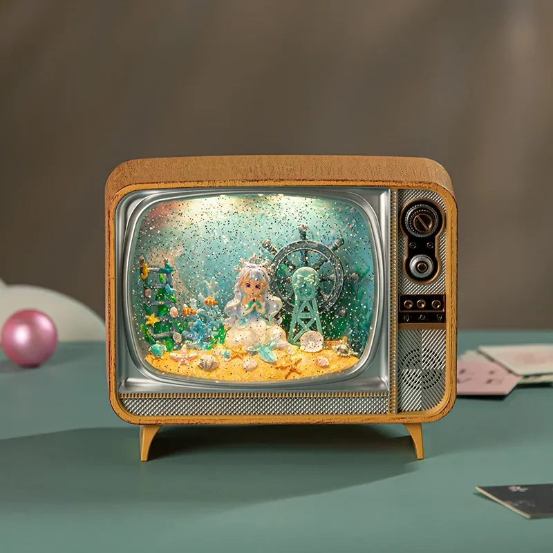 Vintage Mermaid TV Music Box Crystal Snow Globe Retro Home Decor Ornament Craft Birthday Gift for Girls Women Desktop